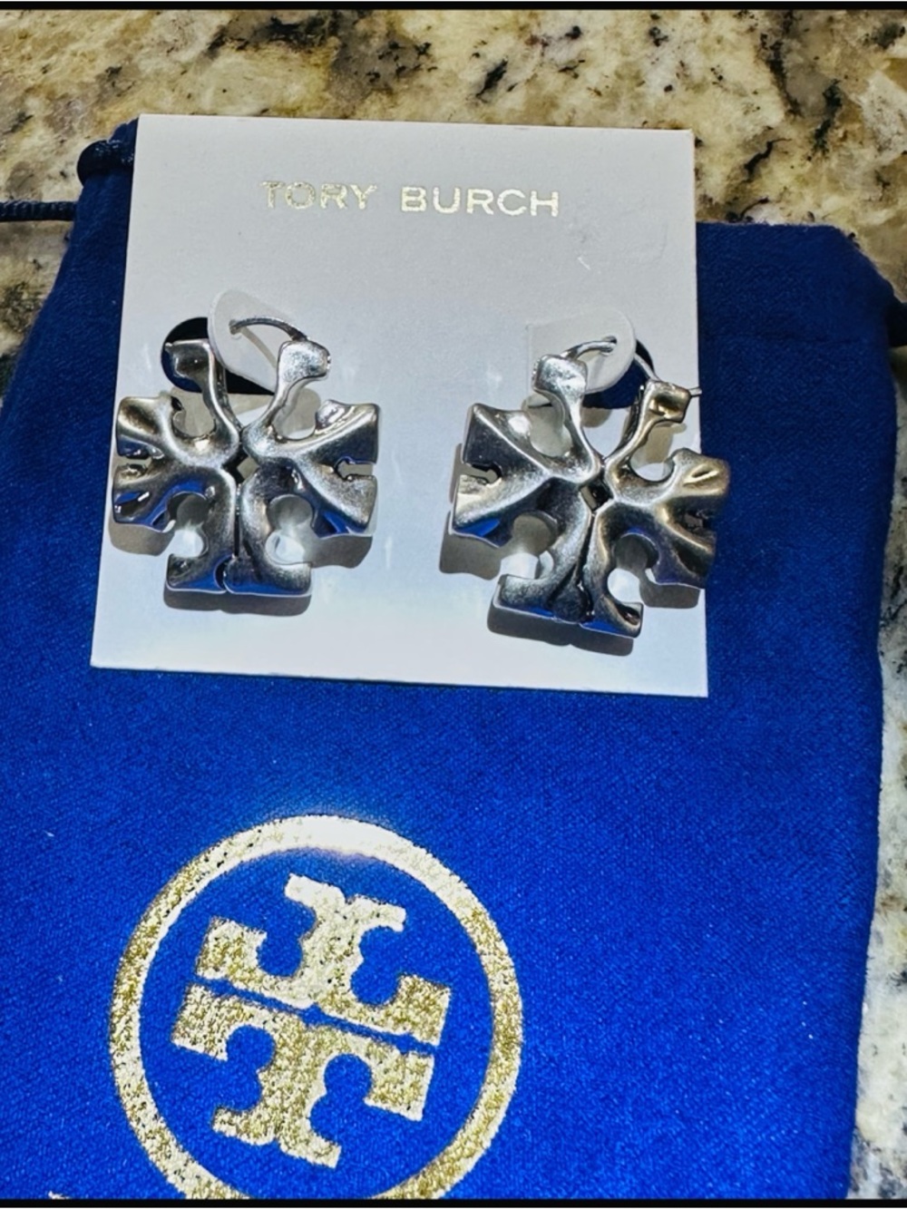 Tory Burch Polished Silver Double-T Drop Earrings